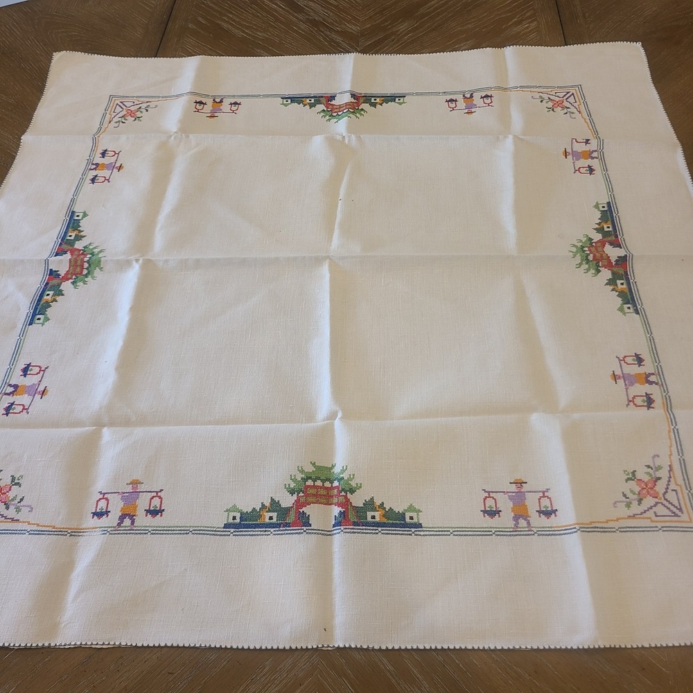 Vtg Linen Embroidered 34 X 32 Tablecloth Asian Pagoda Handmade